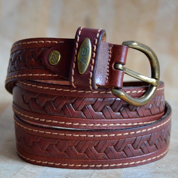 Vintage Tooled Leather Western Belt, Geometric Design, Size  display picture 1