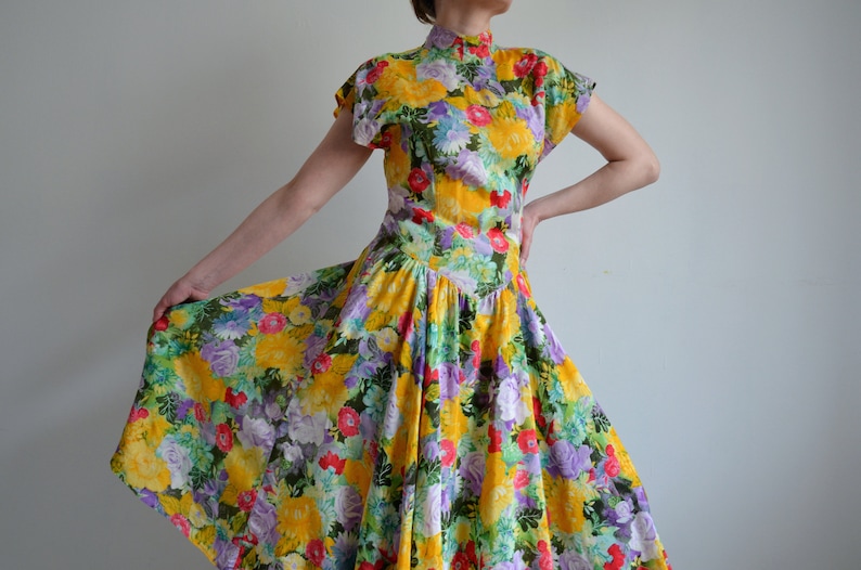 Vintage 80s Floral Full Circle Dress, Backless Colorful Print Dress, Viscose Summer Midi Dress, Basque Waist Flared Prairie Dress, size 36 image 4