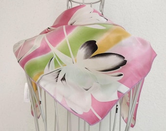 Vintage 90s Floral Silk Scarf, Pink Green Watercolor Neckerchief