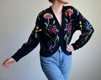 Vintage 80s Colorful Angora Blend Cardigan, Floral Embroidery Beaded Cardigan, Kitschy Open Front Sweater, Flowery Bejeweled Cardigan