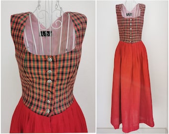 Vintage 90's Linen Dirndl Dress, Austrian Folk Dress, Pinafore Dress, Red Green Check Print Dress, Bohemian/Trachten/Oktoberfest/Festival