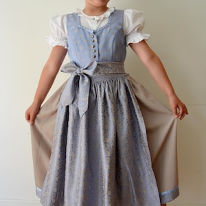 Vintage Girls Blue Dirndl Dress with Apron, Traditional Bavarian Folk Costume, German Trachten Oktoberfest Kids Outfit, Size 152
