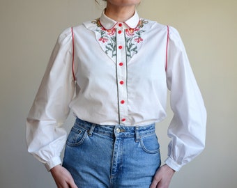 Vintage 80s Embroidered Folk Blouse, Austrian Bavarian White Blouse with Balloon Sleeves, Boho festival Blouse with Peter Pan Collar, 40 DE