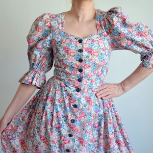 Vintage Floral Folk Dress with Puff Sleeves, 90s Prairie Dress, Floral Print Tracht Dress, Oktoberfest/Cottage core/Austrian/Dirndl, size 36