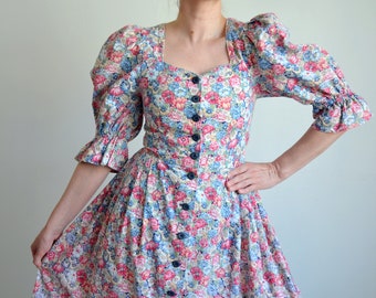 Vintage Floral Folk Dress with Puff Sleeves, 90s Prairie Dress, Floral Print Tracht Dress, Oktoberfest/Cottage core/Austrian/Dirndl, size 36