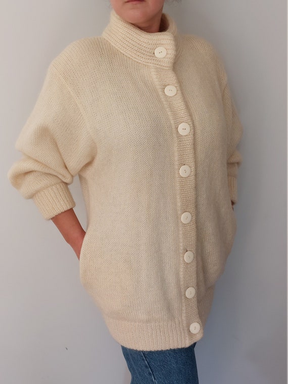 Vintage 80's Creamy White Cardigan, Mohair Wool K… - image 2