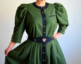 Vintage Green Linen Trachten Dress, Puff Sleeve Austrian Folk Dress, Button Down Dirndl Dress with Belt, Traditional Oktoberfest Costume, XL