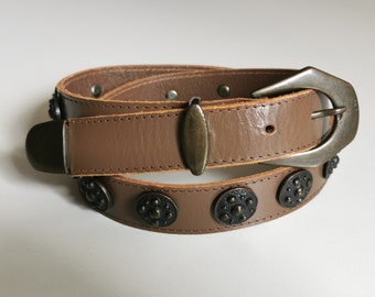 Ceinture Femme Cuir Marron Style Western - Croix, Clous Laiton, Strass Citron - Taille L (36-37 Pouces) - Neuve