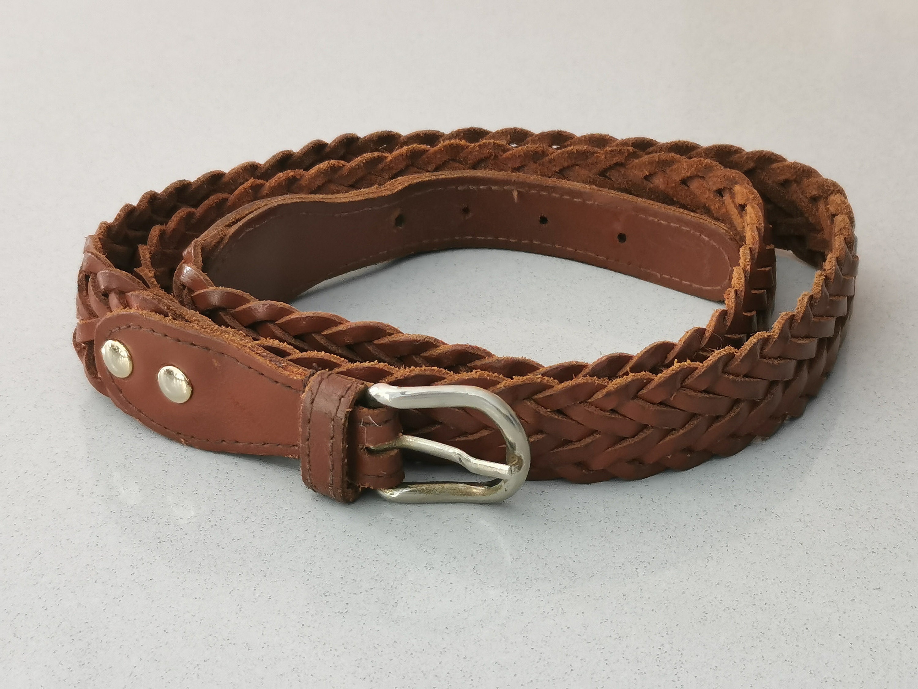 Vintage Leather Braided Woven Western Belt Brown Rodeo Y2K Casual 90s Bohemian Vintage 90s Brown Woven Leather Belt, Genuine Leather Belt  main image 3