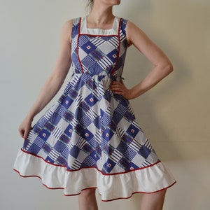 Vintage 70&#39;s Summer Dress, Patchwork Print Square Neck Dress, Blue Red White Print Dress, Summer Sleeveless Dress, Elastic Waist Flare Dress