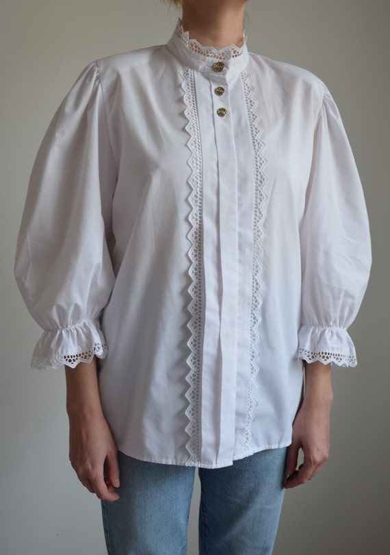 Vintage White Austrian Folk Blouse, White Lace Tr… - image 4