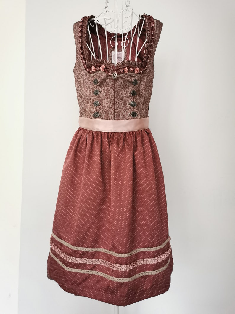 Damask and Polka Dot Print Dirndl Dress TrachtenFolkOktoberfestTyrolean 38 DE Shiny Dress Vintage Dusty Rose Dirndl Dress with Apron