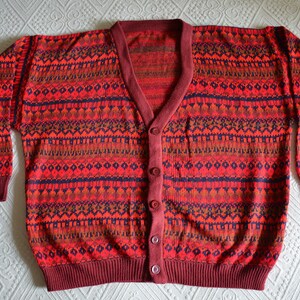 Vintage 90s Red Pattern Wool Cardigan, V-Neck Wool Knit Sweater, Button Down Grandpa Sweater, Baggy Wool Sweater, Chunky Hipster Cardigan image 8