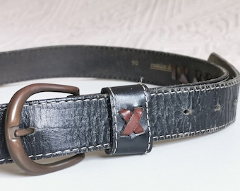 Vintage 90's Black Leather Belt with Braided Detail, Embellished Belt with White Stitching, Western Leather Belt, Hipster Belt, size 90 cm