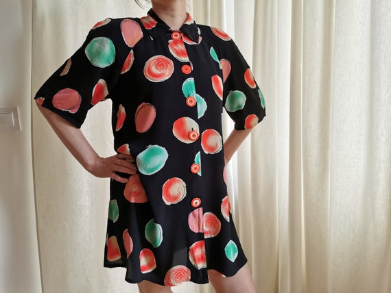 Vintage 90s A-line Tunic / Short Dress, Colorful Abstract Print Top, Green / Red / Pink / Black Top, Short Sleeve Summer Tunic, size 36 DE