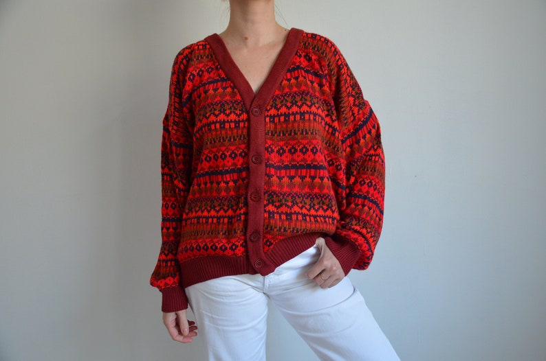 Vintage 90s Red Pattern Wool Cardigan, V-Neck Wool Knit Sweater, Button Down Grandpa Sweater, Baggy Wool Sweater, Chunky Hipster Cardigan image 1