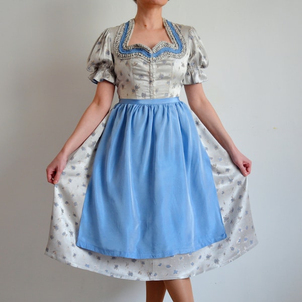 Vintage 80s Österreichisches Dirndl Kleid, Korsett Kleid mit Puffärmeln, Blau Graues Korsett, Oktoberfest/Trachten/Bauern/Landhaus Kern