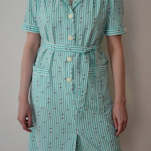 Vintage 80's Striped Dress, Marine Theme Summer Dress, Turquoise Green & White Dress, Belted Dress, Below the Knee Dress, Short Sleeve Dress image 4