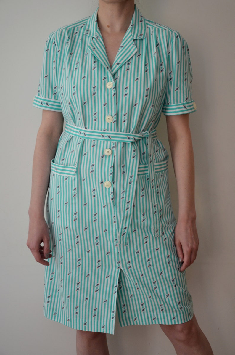 Vintage 80's Striped Dress, Marine Theme Summer Dress, Turquoise Green & White Dress, Belted Dress, Below the Knee Dress, Short Sleeve Dress image 4