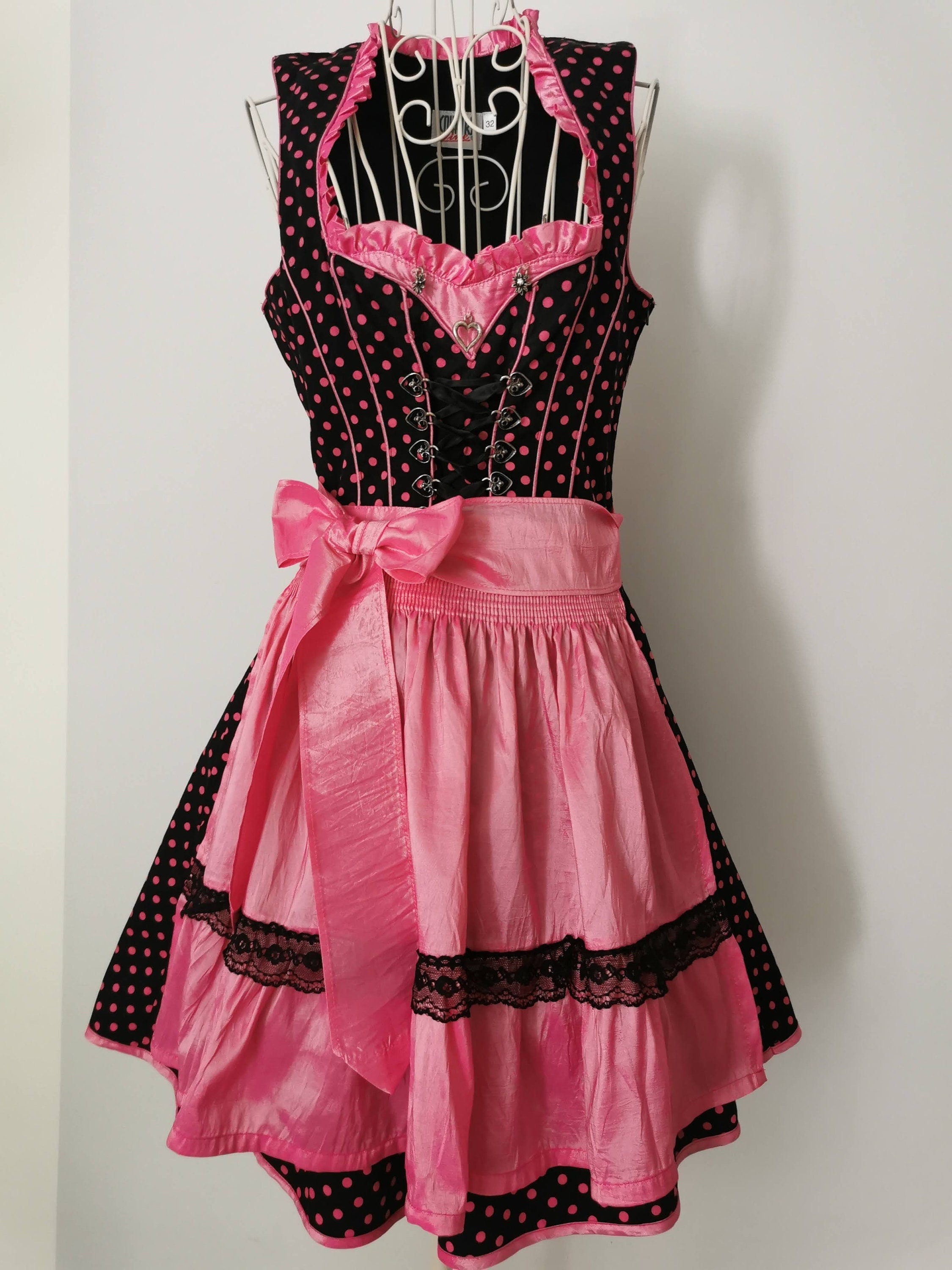 Vintage Dirndl Dress with Apron, Polka Dot Pattern Folk Dress, Magenta Black Dress, Trachten/Peasant, Cottagecore/Festival/Oktoberfest, XS