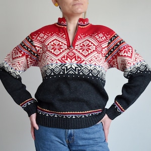 Vintage 90s Norwegian Wool Sweater, Fair Isle Nordic Wool Knit Sweater, Folk Pattern Pullover, Pure New Wool Zip Neck Ski Sweater
