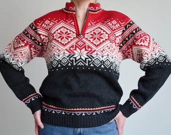 Vintage 90s Norwegian Wool Zip Sweater, Fair Isle Knit M