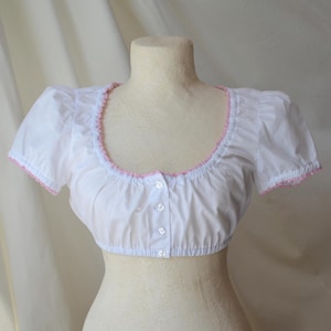 Vintage Puffy Sleeve Dirndl Blouse, White Folk Crop Top with Pink Trim, Trachten Button Up Crop Top, Cottage core Style, Size 36