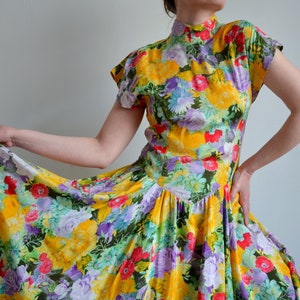 Vintage 80s Floral Full Circle Dress, Backless Colorful Print Dress, Viscose Summer Midi Dress, Basque Waist Flared Prairie Dress, size 36 image 2
