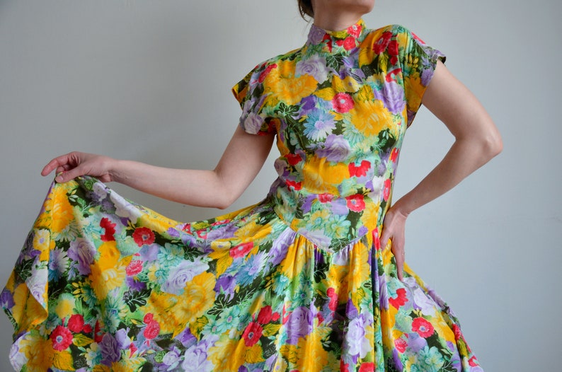 Vintage 80s Floral Full Circle Dress, Backless Colorful Print Dress, Viscose Summer Midi Dress, Basque Waist Flared Prairie Dress, size 36 image 2