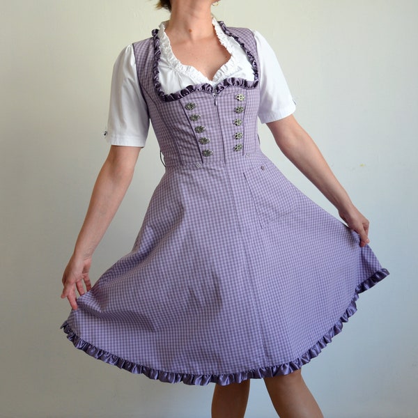 Vintage Dirndl Dress, German Folk Dress, Pastel Purple Corset Dress, Gingham Pattern Lavander Dress, Tracht/Oktoberfest/Cottagecore, size 36