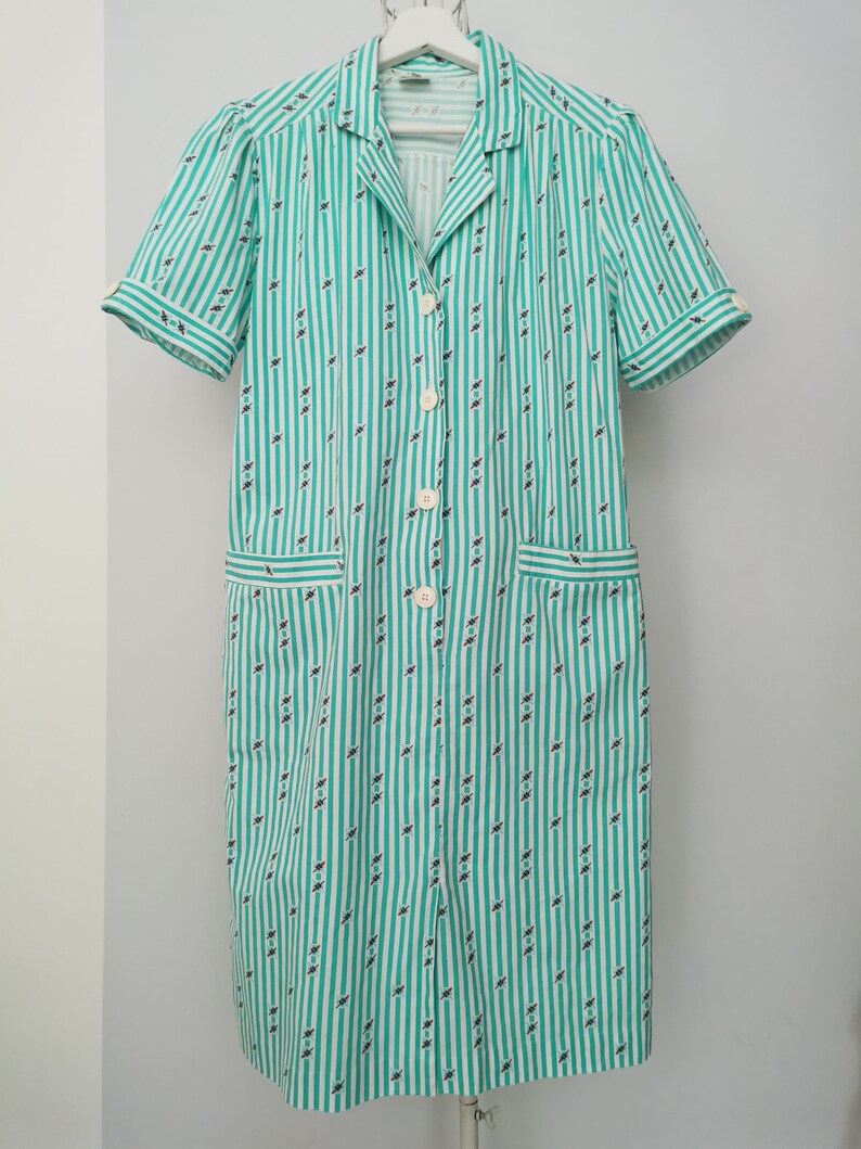Vintage 80's Striped Dress, Marine Theme Summer Dress, Turquoise Green & White Dress, Belted Dress, Below the Knee Dress, Short Sleeve Dress image 7