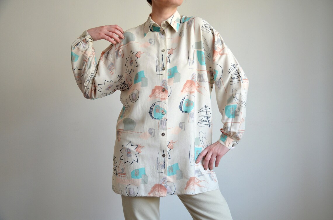 Vintage Abstract Silk Blend Blouse, 90s Long Sleeve Shirt, Size L, foto 1 di 5