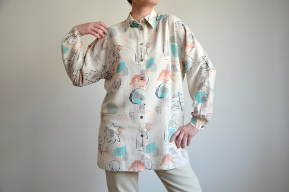 Vintage Abstract Silk Blend Blouse, 90s Long Sleeve Shirt, Size L