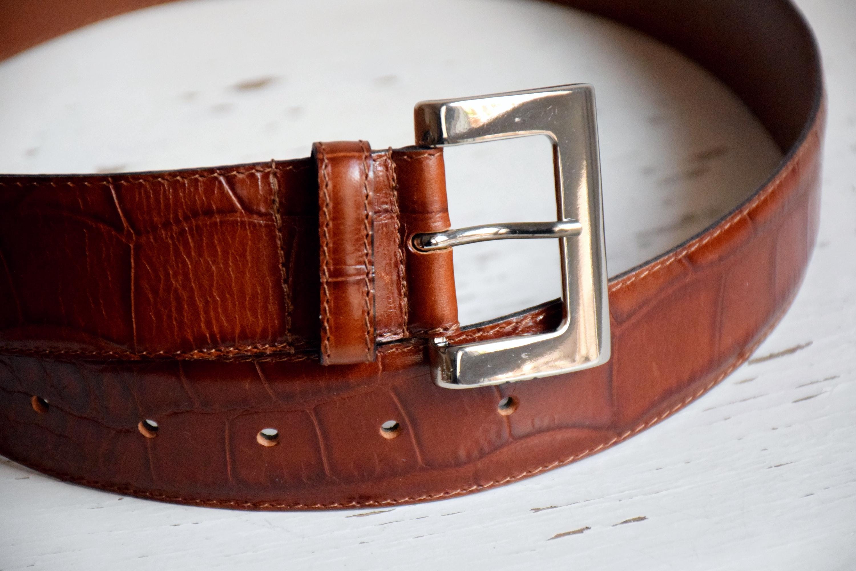 Vintage 90s Croc Embossed Leather Belt, Cognac Brown, Silver  display picture 3