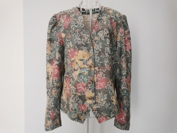 Vintage 90's Puff Sleeve Blazer, Women's Floral B… - image 1