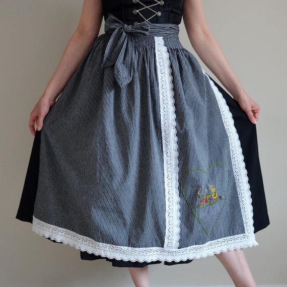 Vintage Striped Dirndl Apron, White Lace Trim, Oktoberfest Bavarian Folk