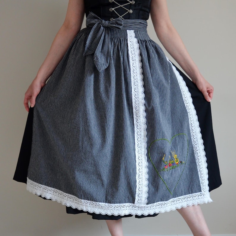 Vintage Striped Dirndl Apron, White Lace Trim, Oktoberfest Bavarian Folk image 1