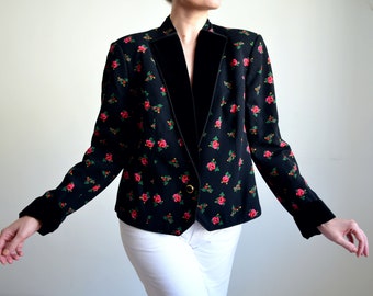 Vintage 80's Floral Blazer Jacket, Pure Wool Blazer, Roses Print Black & Magenta Blazer, 80s Kitschy Blazer with Velvet Collar, size XL