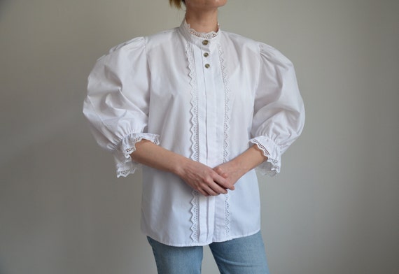 Vintage White Austrian Folk Blouse, White Lace Tr… - image 2