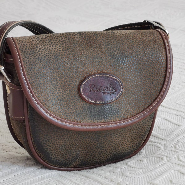 Vintage 90's Small Crossbody Bag, Distressed Leather Bag, Green and Brown Leather Bag, Adjustable Strap, Genuine Leather Bag, Made in Italy