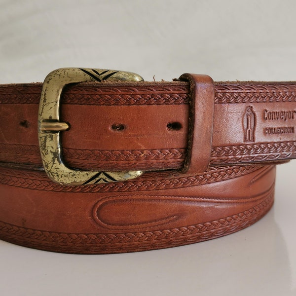 Vintage 90's Tooled Leather Belt, Cognac Brown Stamped Leather Belt, Genuine Leather Belt with Brass Buckle, Western/Cowboy Belt, Jeans Belt