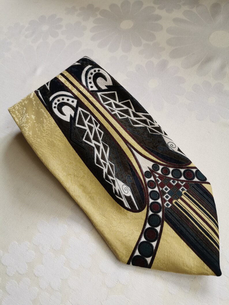 90's Abstract Print Necktie, Gold Yellow, Red and Green Necktie, Hipster Necktie, Pure Silk Necktie, Made in Italy image 2