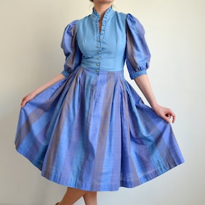Vintage Austrian Folk Dress with Puffy Sleeves, Blue Striped Prairie Dress, 80s Dirndl Dress, Bohemian/Cottage core/Oktoberfest/Tracht