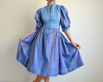 Vintage Austrian Folk Dress with Puffy Sleeves, Blue Striped Prairie Dress, 80s Dirndl Dress, Bohemian/Cottage core/Oktoberfest/Tracht