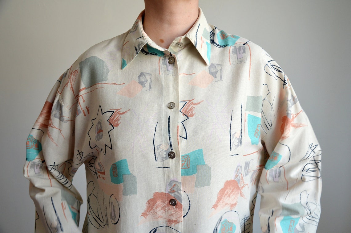 Vintage Abstract Silk Blend Blouse, 90s Long Sleeve Shirt, Size L, foto 3 di 5