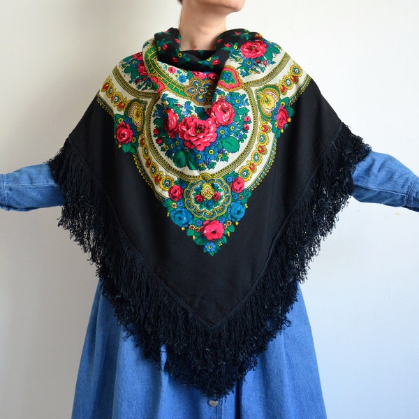 Vintage Ukrainian/Russian Folk Scarf, Ethnic Scarf, Babushka Wool Shawl, Large Floral Print Shawl with Fringes, Traditioinal Slavic Scarf