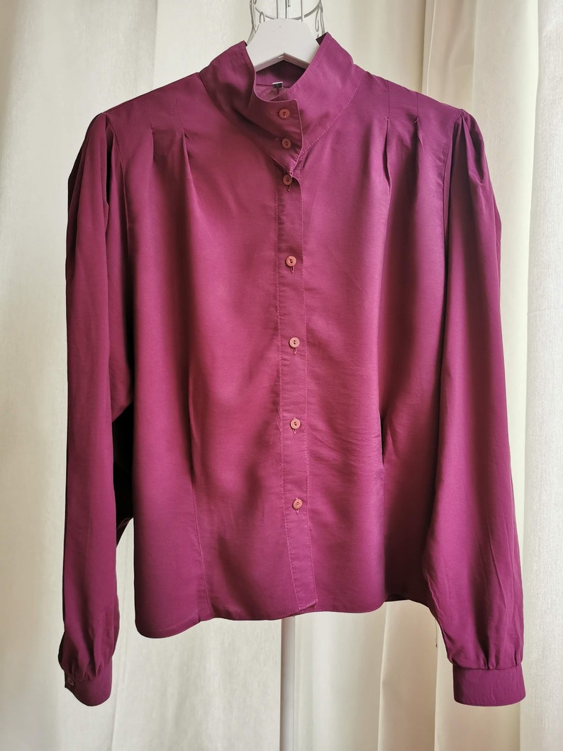 Vintage 80s Purple Blouse with Puffy Sleeves, Burgundy Purple Collar Shirt, High Neck Collar Blouse, Women's Blouse, Made in West Germany image 6