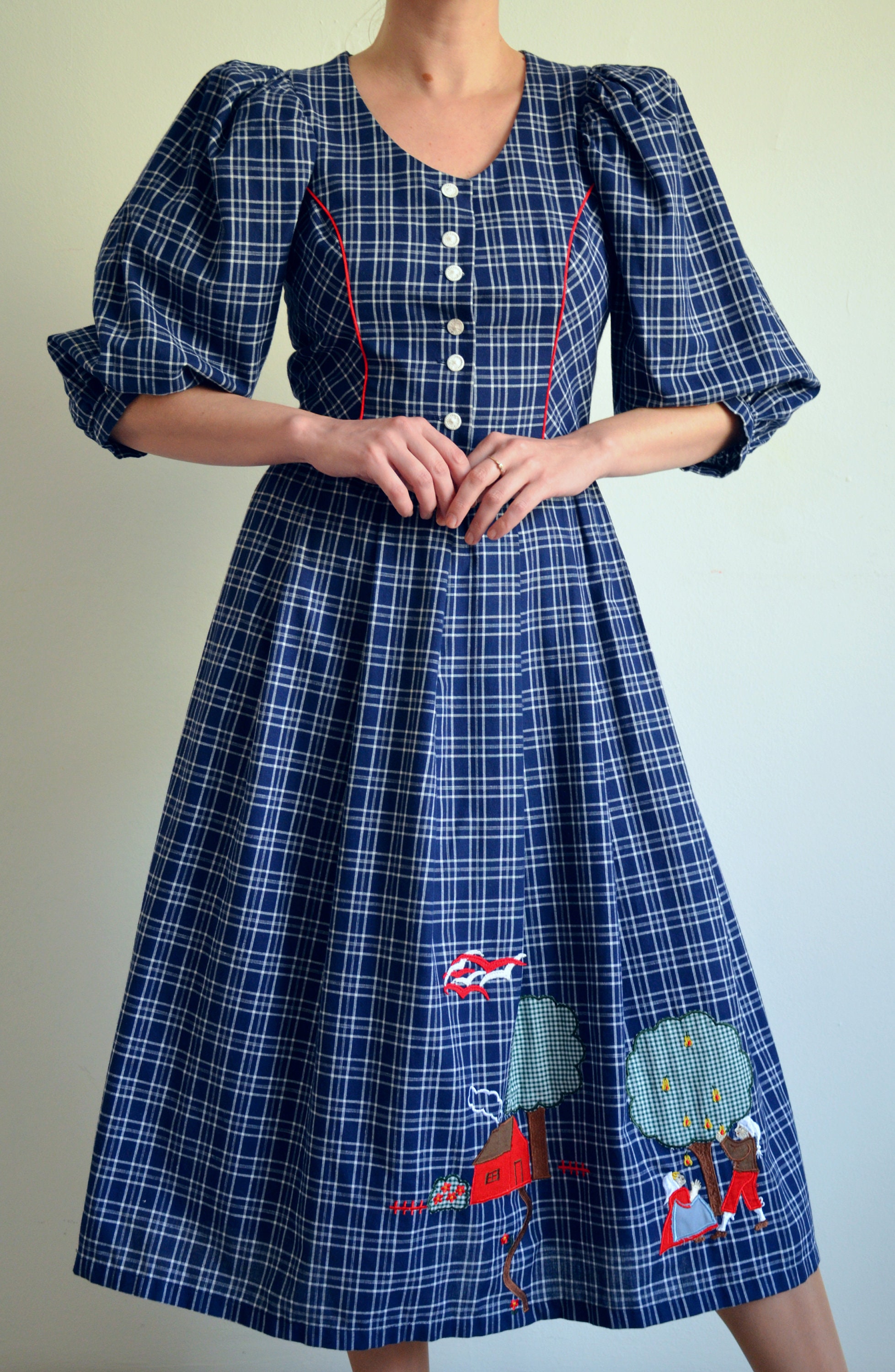 Austrian Patterns Retro Vintage 80s Austrian Folk Dress With Puff Sleeves, Scenery Peasant ...