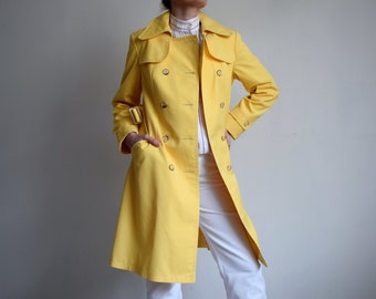 Vintage trenchcoat, jaren '70 dubbele rij knopen gele trenchcoat, lente gordel trenchcoat, felgele regenjas, maat M