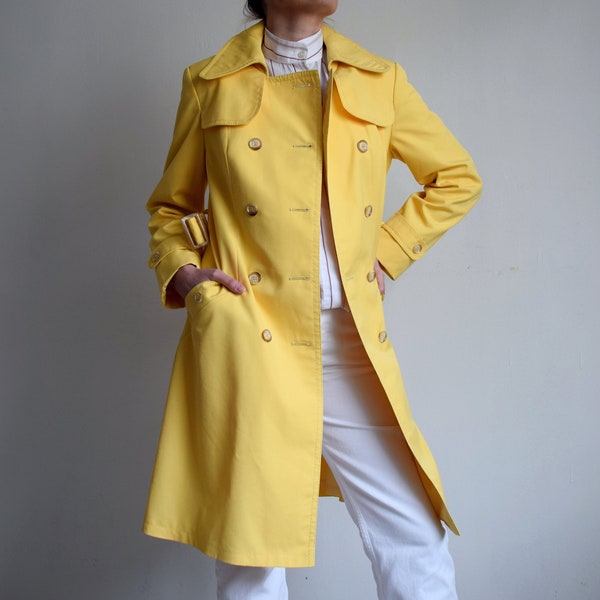 vintage Trench Coat, 70s Double Breasted Yellow Trench Coat, Spring Belted Trench Overcoat, Bright Yellow Rain Jacket, taille M